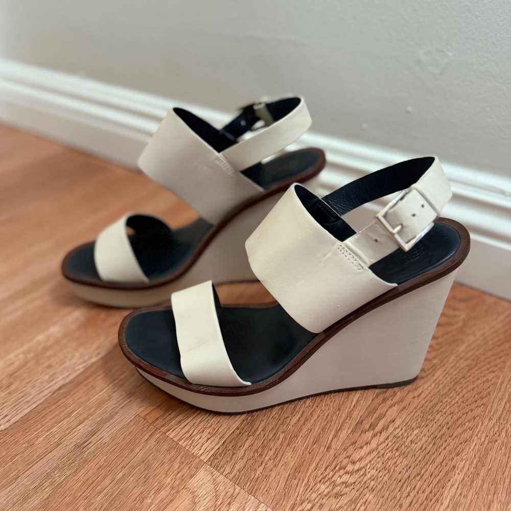 Tory Burch Lexington 110MM Ivory White Leather Platform Wedge Sandals Size 8.5